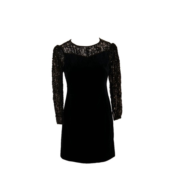 FINK MODELL Vintage Black Velvet & Lace w/ Sequins Short Cocktail Dress Size 6-8 - Picture 1 of 6